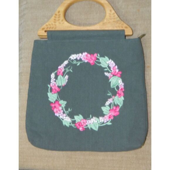 Vintage Floral Handbag With Wooden Handles - Etsy Vintage Blue‎ Green Purse Wood Handles Pink Green Floral Embroidery